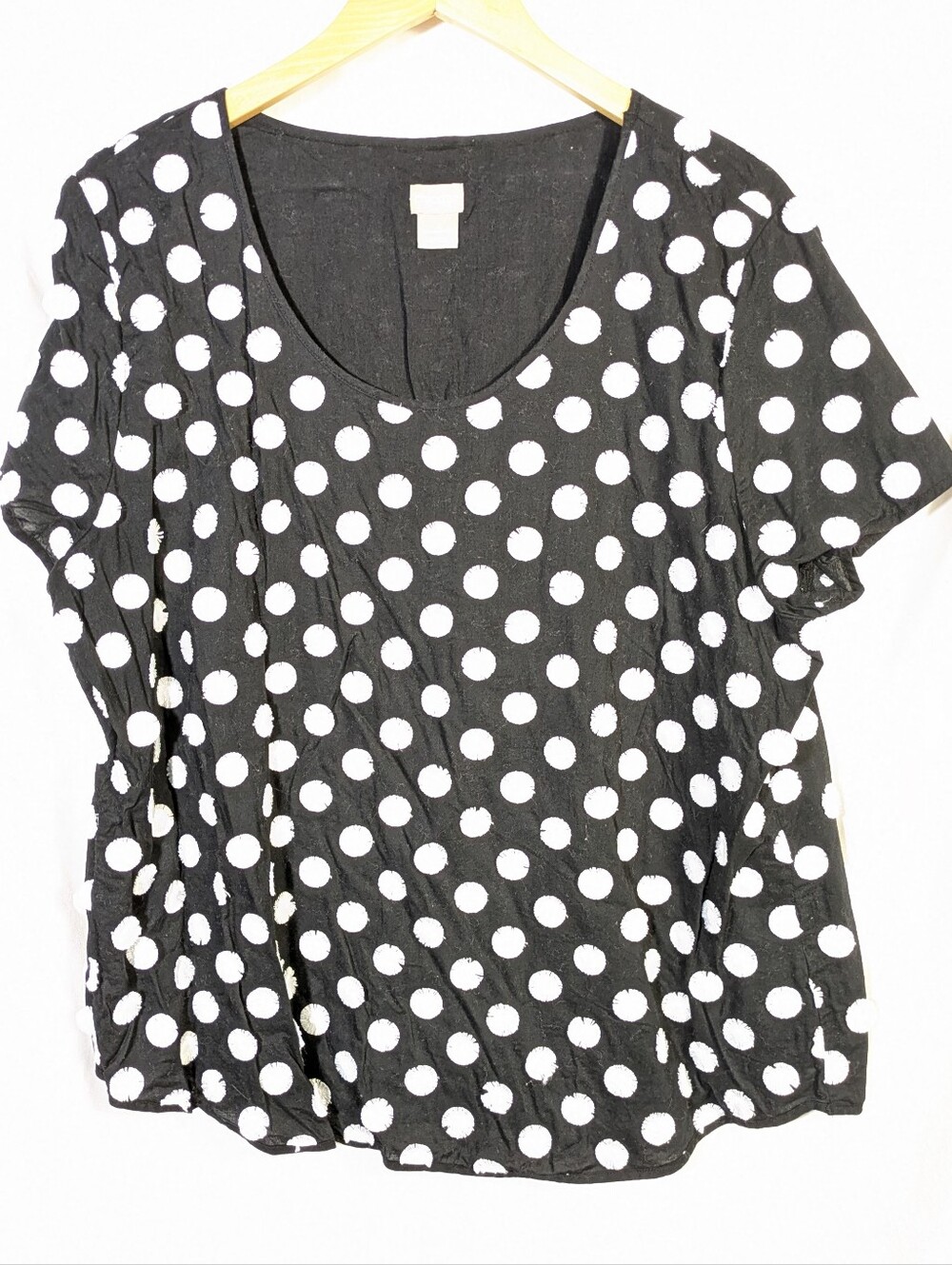 Chico's Blouse Top Black White Cotton Polka Dots Lined Short Sleeve Size 3 XL